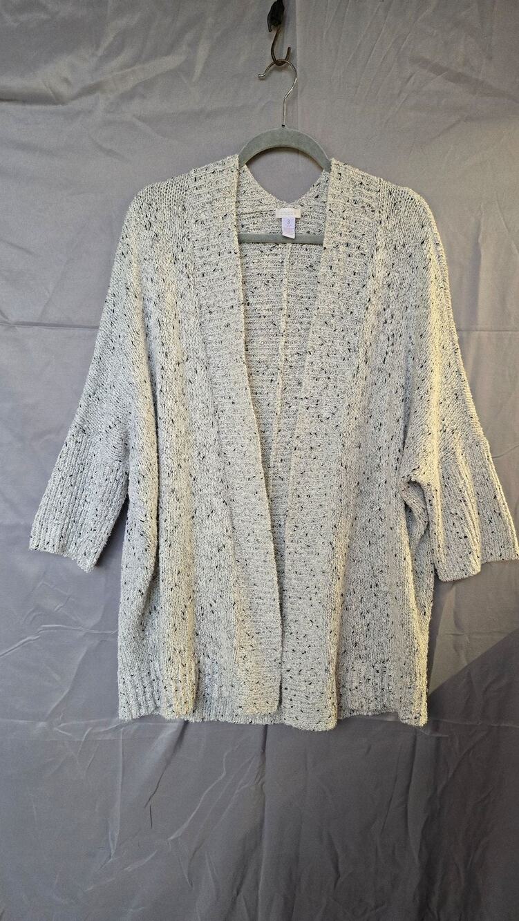 Chico's Cardigan Sweater Womens XL Gray Open 3/4 Dolman Sleeve Glitter Knit